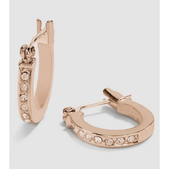 NWT $85 MSRP Coach Pave Signature Huggie Earrings Rose Gold Hinged Back Closure - Picture 1 of 3